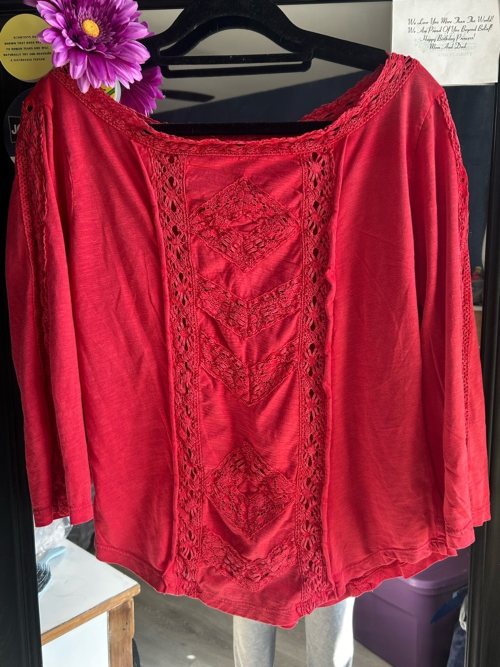 Free People Red middle Lace & Panel Sleeve Top